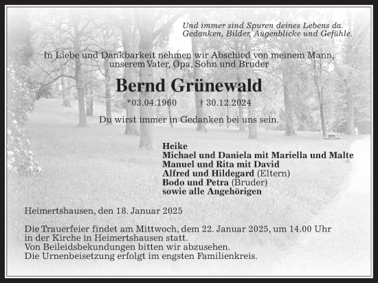 Traueranzeige von Bernd Grünewald von Oberhessische Zeitung
