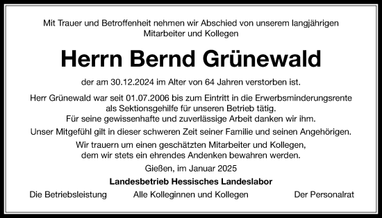 Traueranzeige von Bernd Grünewald von Oberhessische Zeitung