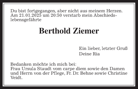 Traueranzeige von Berthold Ziemer von Usinger Anzeiger