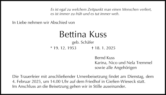 Traueranzeige von Bettina Kuss von Giessener Allgemeine, Alsfelder Allgemeine