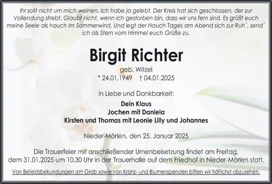 Traueranzeige von Birgit Richter von Wetterauer Zeitung
