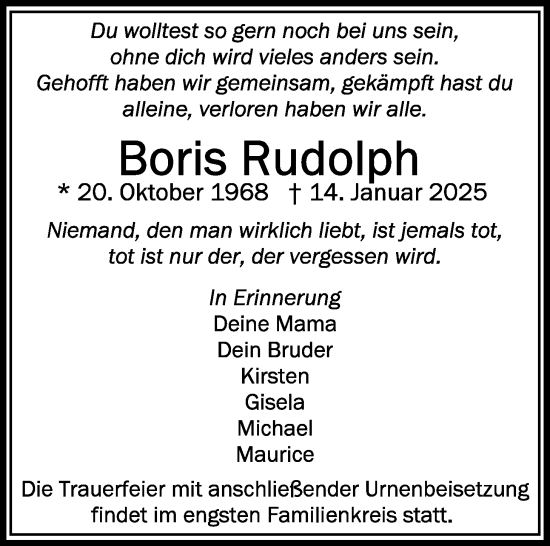 Traueranzeige von Boris Rudolph von Butzbacher Zeitung