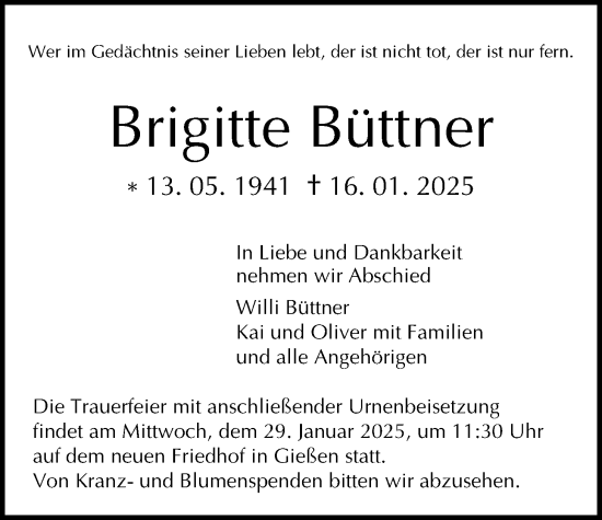 Traueranzeige von Brigitte Büttner von Giessener Allgemeine, Alsfelder Allgemeine
