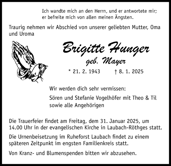 Traueranzeige von Brigitte Hunger von Giessener Allgemeine, Alsfelder Allgemeine