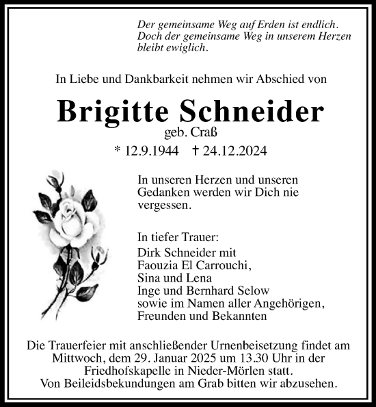 Traueranzeige von Brigitte Schneider von Wetterauer Zeitung