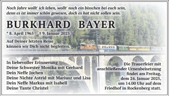 Traueranzeige von Burkhard Bayer von Butzbacher Zeitung