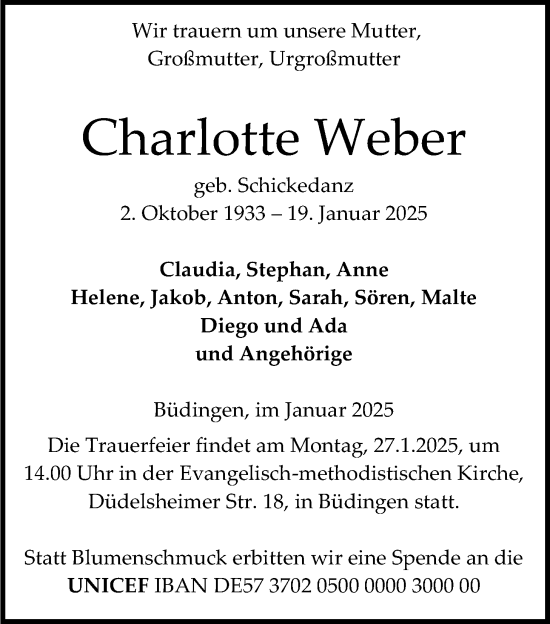 Traueranzeige von Charlotte Weber von Kreis-Anzeiger