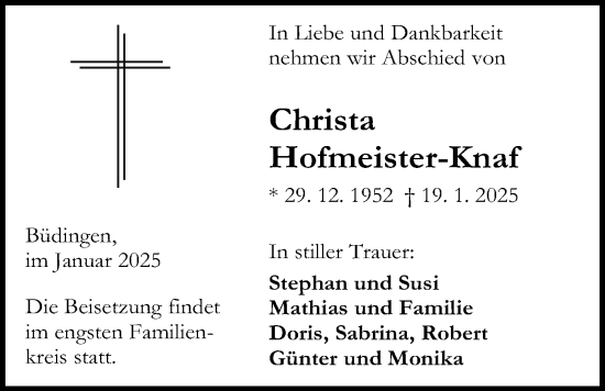 Traueranzeige von Christa Hofmeister-Knaf von Kreis-Anzeiger
