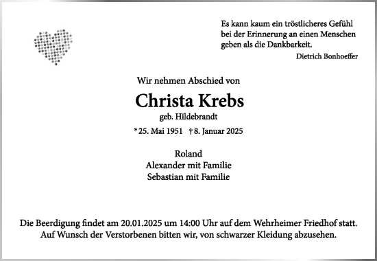 Traueranzeige von Christa Krebs von Usinger Anzeiger