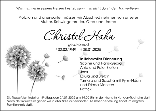 Traueranzeige von Christel Hahn von Licher Wochenblatt