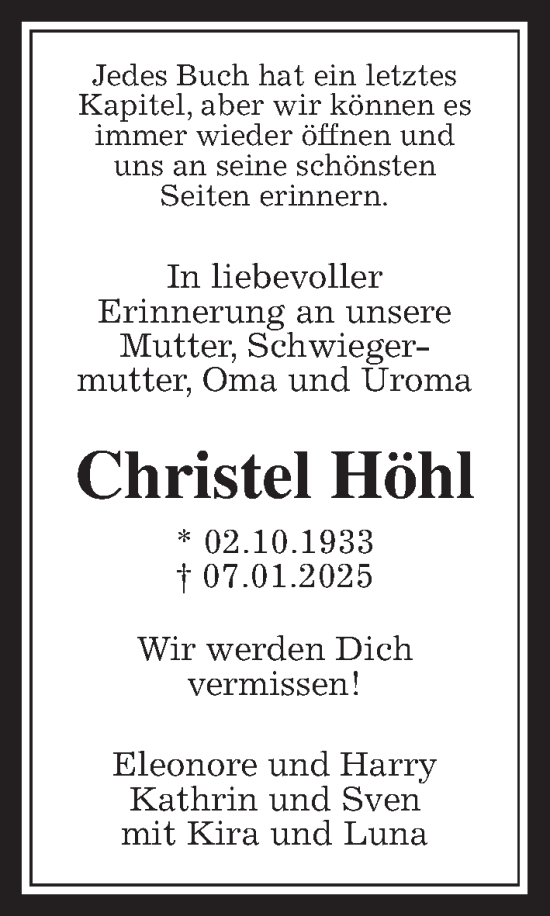 Traueranzeige von Christel Höhl von Kreis-Anzeiger
