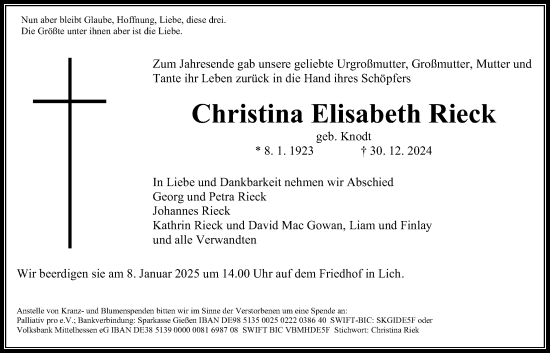 Traueranzeige von Christina Elisabeth Rieck von Giessener Allgemeine, Alsfelder Allgemeine