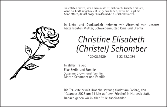 Traueranzeige von Christine Elisabeth Schomber von Giessener Allgemeine, Alsfelder Allgemeine