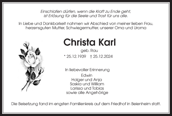 Traueranzeige von Chrsta Karl von Wetterauer Zeitung