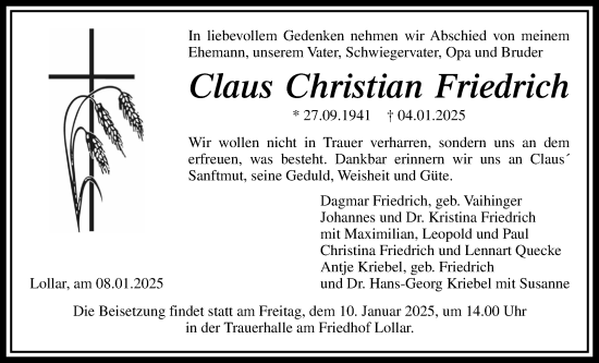 Traueranzeige von Claus Christian Friedrich von Giessener Anzeiger