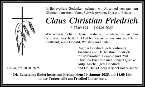 Traueranzeige von Claus Christian Friedrich von Giessener Allgemeine, Alsfelder Allgemeine, Giessener Anzeiger