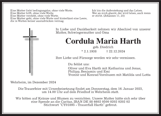 Traueranzeige von Cordula Maria Harth von Usinger Anzeiger