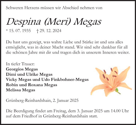 Traueranzeige von Despina Mega(s) von Giessener Anzeiger, Giessener Allgemeine, Alsfelder Allgemeine