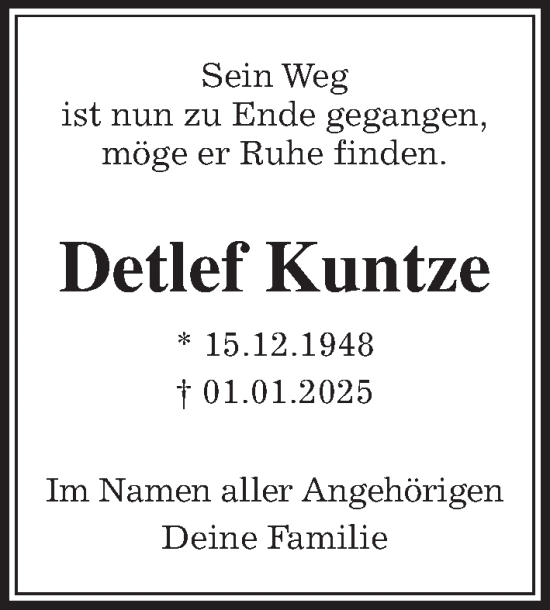 Traueranzeige von Detlef Kuntze von Wetterauer Zeitung