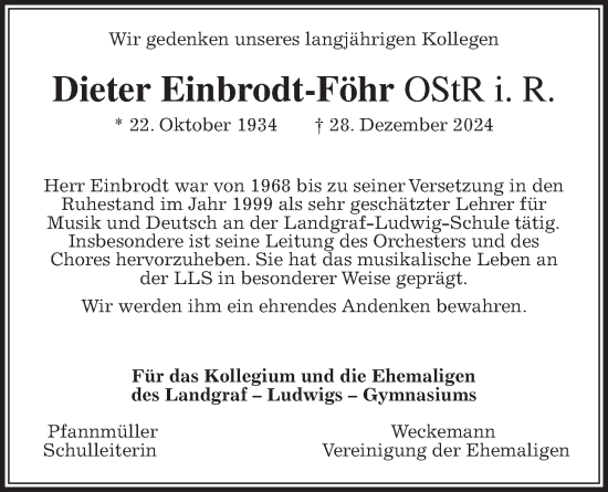 Traueranzeige von Dieter Einbrodt-Föhr von Giessener Allgemeine, Alsfelder Allgemeine