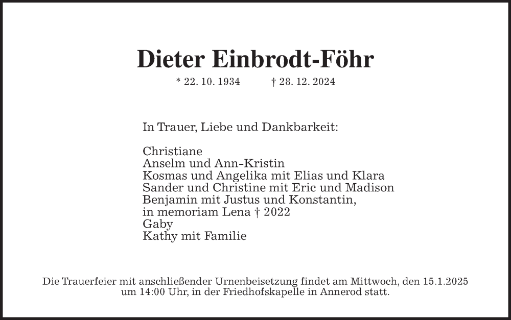  Traueranzeige für Dieter Einbrodt-Föhr vom 08.01.2025 aus Giessener Anzeiger, Giessener Allgemeine, Alsfelder Allgemeine