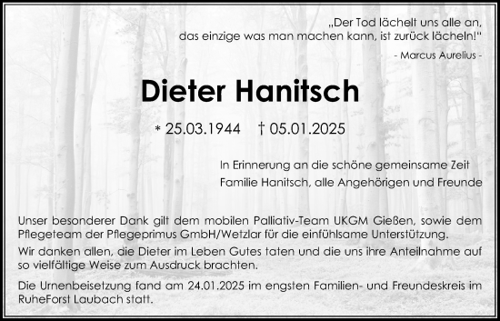 Traueranzeige von Dieter Hanitsch von Giessener Allgemeine, Alsfelder Allgemeine, Pohlheimer Nachrichten
