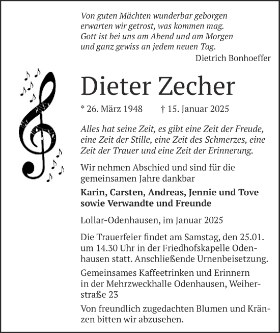 Traueranzeige von Dieter Zecher von Giessener Allgemeine, Alsfelder Allgemeine