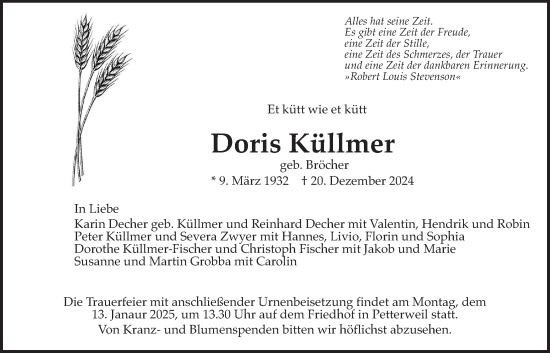 Traueranzeige von Doris Küllmer von Bad Vilbel/Karben