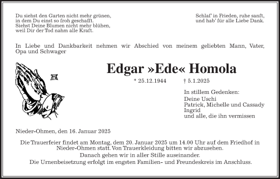 Traueranzeige von Edgar Homola von Giessener Allgemeine, Alsfelder Allgemeine, Mücker Stimme