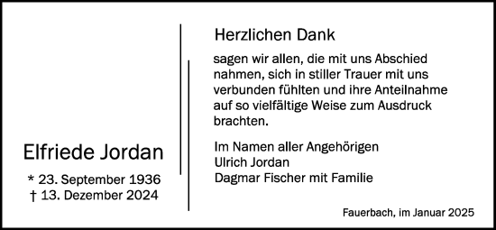Traueranzeige von Elfriede Jordan von Butzbacher Zeitung