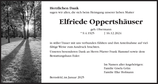 Traueranzeige von Elfriede Oppertshäuser von Oberhessische Zeitung, Alsfelder Allgemeine
