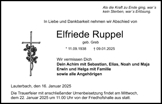 Traueranzeige von Elfriede Ruppel von Lauterbacher Anzeiger