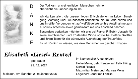 Traueranzeige von Elisabeth Reutzel von Wetterauer Zeitung