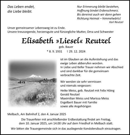 Traueranzeige von Elisabeth Reutzel von Wetterauer Zeitung