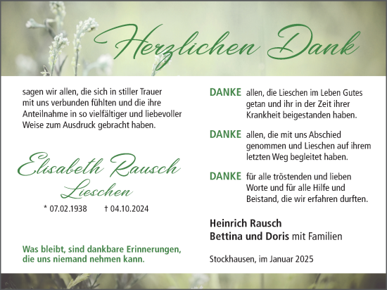 Traueranzeige von Elisabeth Rausch Lieschen von Lauterbacher Anzeiger