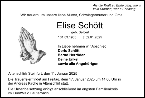 Traueranzeige von Elise Schött von Lauterbacher Anzeiger
