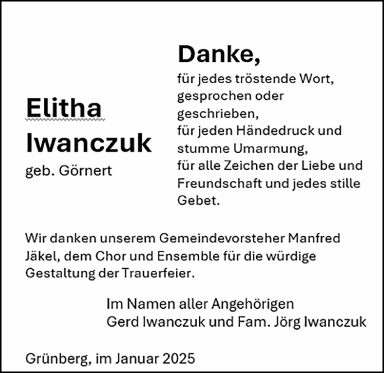 Traueranzeige von Elitha Iwanczuk von Giessener Allgemeine, Alsfelder Allgemeine