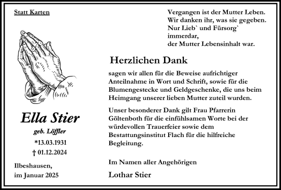 Traueranzeige von Ella Stier von Lauterbacher Anzeiger