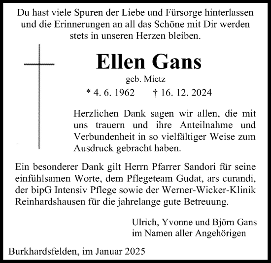 Traueranzeige von Ellen Gans von Giessener Anzeiger, Giessener Allgemeine, Alsfelder Allgemeine