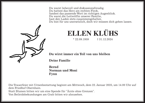 Traueranzeige von Ellen Klühs von Usinger Anzeiger