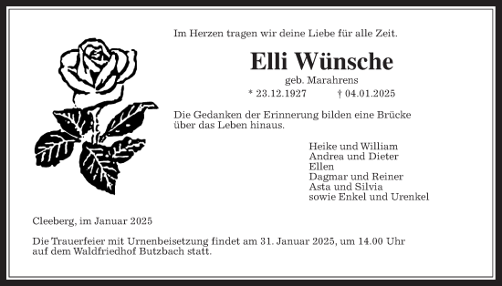 Traueranzeige von Elli Wünsche von Butzbacher Zeitung