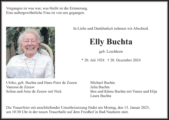 Traueranzeige von Elly Buchta von Wetterauer Zeitung