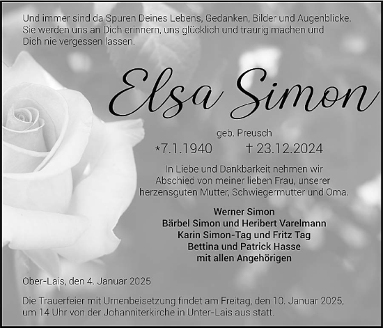 Traueranzeige von Elsa Simon von Kreis-Anzeiger