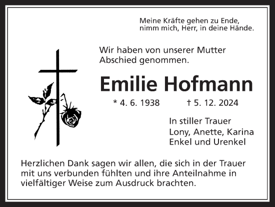 Traueranzeige von Emilie Hofmann von Rabenauer Zeitung