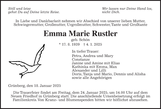 Traueranzeige von Emma Marie Rustler von Giessener Allgemeine, Alsfelder Allgemeine