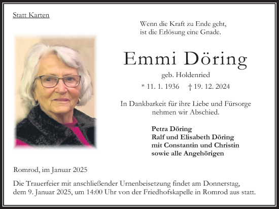 Traueranzeige von Emmi Döring von Oberhessische Zeitung