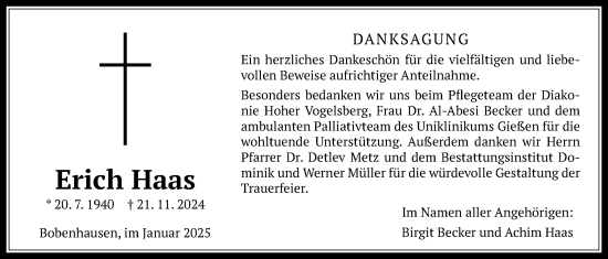 Traueranzeige von Erich Haas von Alsfelder Allgemeine, Oberhessische Zeitung