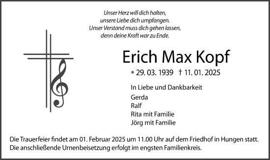 Traueranzeige von Erich Max Kopf von Licher Wochenblatt