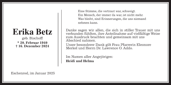 Traueranzeige von Erika Betz von Kreis-Anzeiger