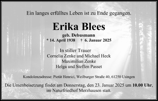 Traueranzeige von Erika Blees von Usinger Anzeigenblatt
